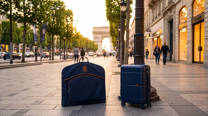A garment bag and a carry-on suitcase on the Avenue des Champs-Élysées in Paris